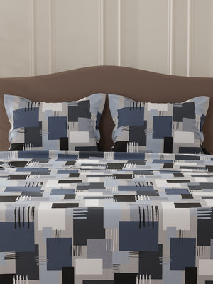 Lumina Floret 100% Cotton 144 TC Navy Blue Geometric Double Bedsheet with 2 Pillow Covers