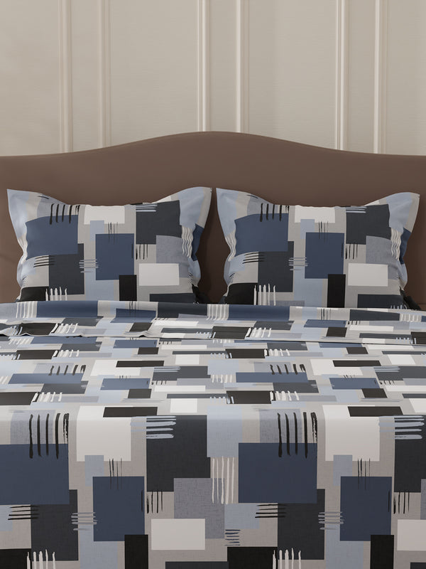 Lumina Floret 100% Cotton 144 TC Navy Blue Geometric Double Bedsheet with 2 Pillow Covers