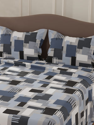 Lumina Floret 100% Cotton 144 TC Navy Blue Geometric Double Bedsheet with 2 Pillow Covers