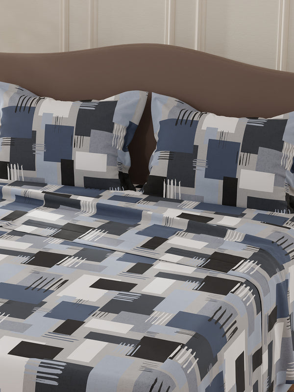 Lumina Floret 100% Cotton 144 TC Navy Blue Geometric Double Bedsheet with 2 Pillow Covers