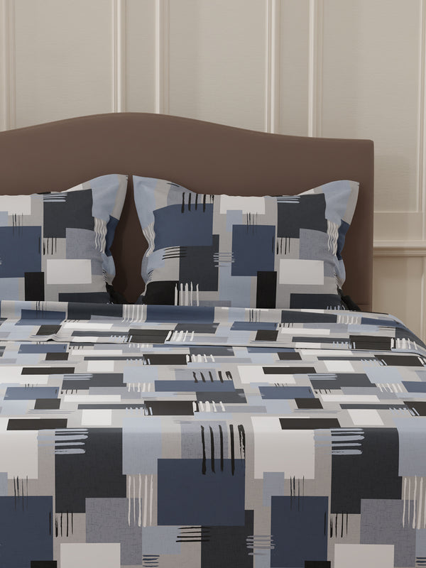 Lumina Floret 100% Cotton 144 TC Navy Blue Geometric Double Bedsheet with 2 Pillow Covers
