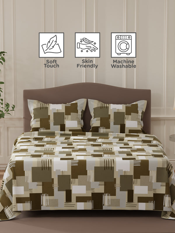 Lumina Floret 100% Cotton 144 TC Grey Geometric Double Bedsheet with 2 Pillow Covers