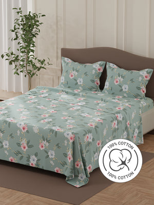 Lumina Floret 100% Cotton 144 TC Grey & Pink Floral Double Bedsheet with 2 Pillow Covers