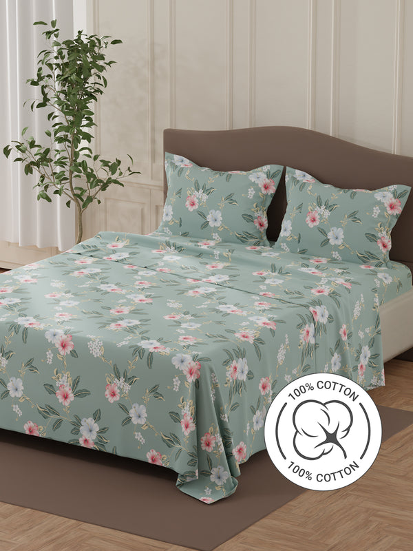 Lumina Floret 100% Cotton 144 TC Grey & Pink Floral Double Bedsheet with 2 Pillow Covers