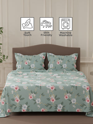 Lumina Floret 100% Cotton 144 TC Grey & Pink Floral Double Bedsheet with 2 Pillow Covers