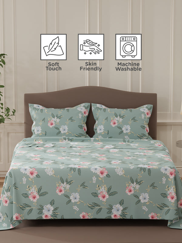 Lumina Floret 100% Cotton 144 TC Grey & Pink Floral Double Bedsheet with 2 Pillow Covers