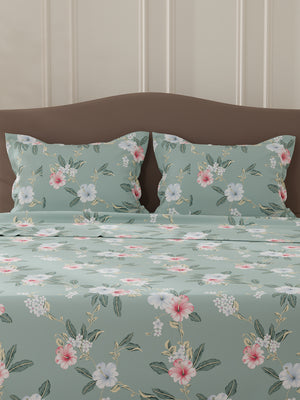 Lumina Floret 100% Cotton 144 TC Grey & Pink Floral Double Bedsheet with 2 Pillow Covers