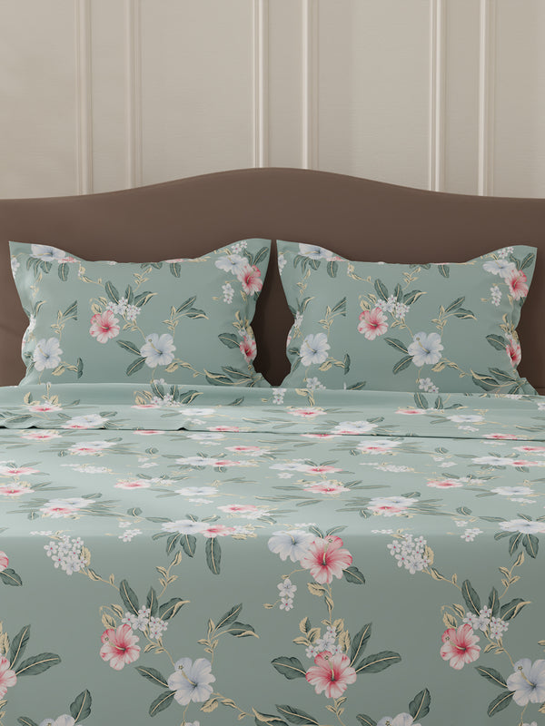 Lumina Floret 100% Cotton 144 TC Grey & Pink Floral Double Bedsheet with 2 Pillow Covers