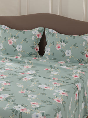 Lumina Floret 100% Cotton 144 TC Grey & Pink Floral Double Bedsheet with 2 Pillow Covers