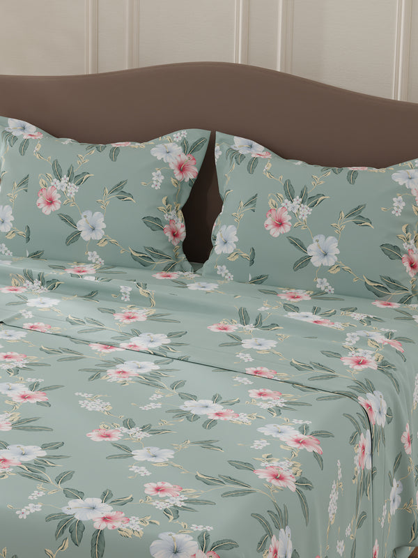 Lumina Floret 100% Cotton 144 TC Grey & Pink Floral Double Bedsheet with 2 Pillow Covers