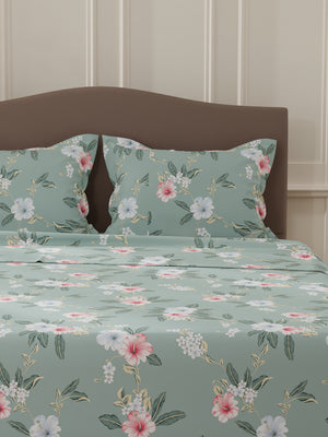 Lumina Floret 100% Cotton 144 TC Grey & Pink Floral Double Bedsheet with 2 Pillow Covers