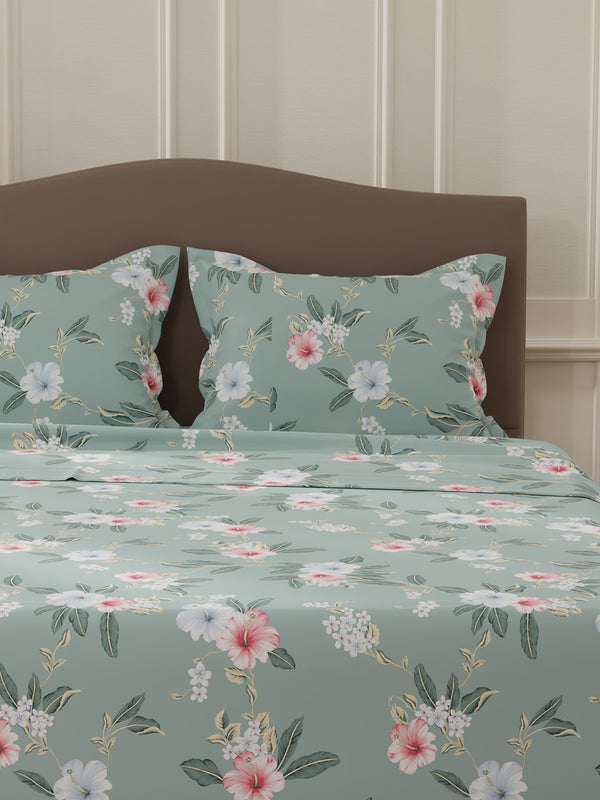 Lumina Floret 100% Cotton 144 TC Grey & Pink Floral Double Bedsheet with 2 Pillow Covers