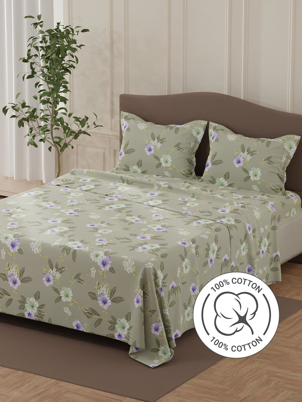 Lumina Floret 100% Cotton 144 TC Grey & Purple Floral Double Bedsheet with 2 Pillow Covers