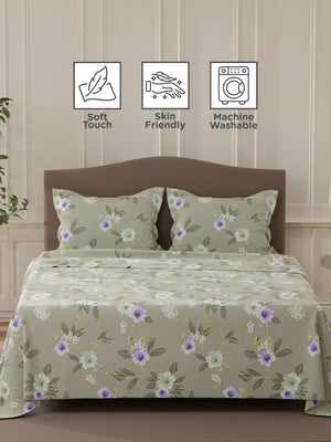 Lumina Floret 100% Cotton 144 TC Grey & Purple Floral Double Bedsheet with 2 Pillow Covers