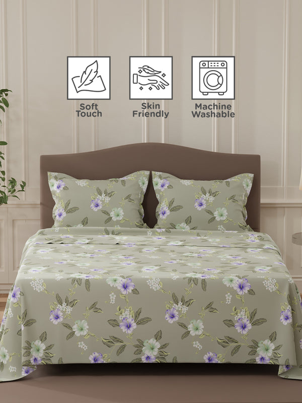 Lumina Floret 100% Cotton 144 TC Grey & Purple Floral Double Bedsheet with 2 Pillow Covers