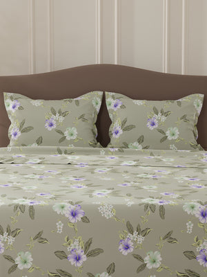 Lumina Floret 100% Cotton 144 TC Grey & Purple Floral Double Bedsheet with 2 Pillow Covers