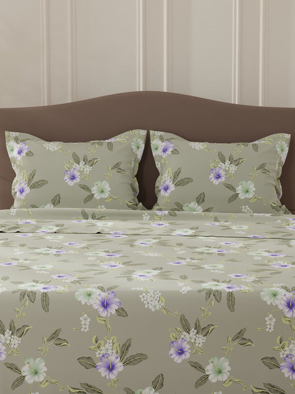 Lumina Floret 100% Cotton 144 TC Grey & Purple Floral Double Bedsheet with 2 Pillow Covers