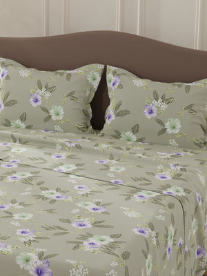 Lumina Floret 100% Cotton 144 TC Grey & Purple Floral Double Bedsheet with 2 Pillow Covers