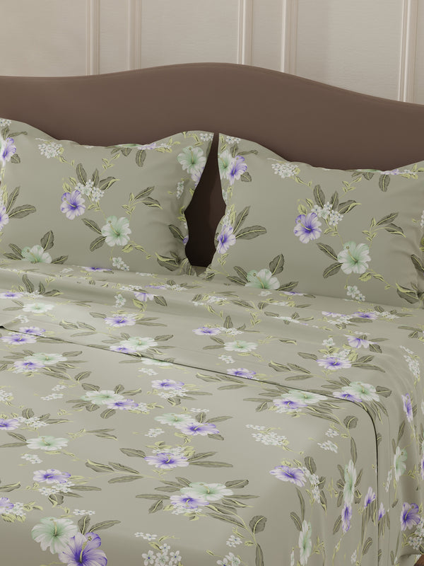 Lumina Floret 100% Cotton 144 TC Grey & Purple Floral Double Bedsheet with 2 Pillow Covers