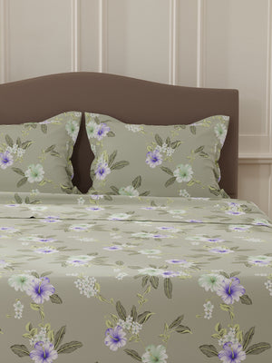 Lumina Floret 100% Cotton 144 TC Grey & Purple Floral Double Bedsheet with 2 Pillow Covers