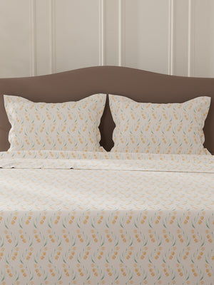 Lumina Floret 100% Cotton 144 TC Cream Floral Double Bedsheet with 2 Pillow Covers