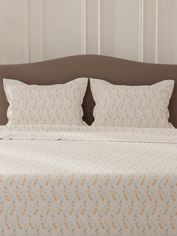 Lumina Floret 100% Cotton 144 TC Cream Floral Double Bedsheet with 2 Pillow Covers