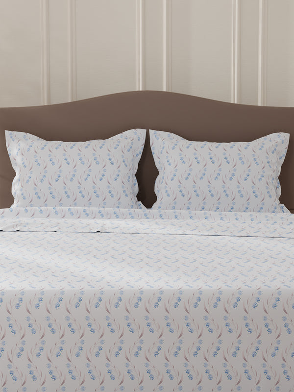 Lumina Floret 100% Cotton 144 TC Blue Floral Double Bedsheet with 2 Pillow Covers