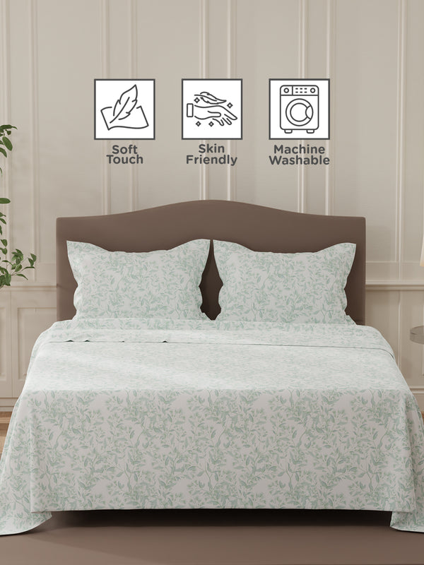 Lumina Floret 100% Cotton 144 TC Green & White Floral Double Bedsheet with 2 Pillow Covers