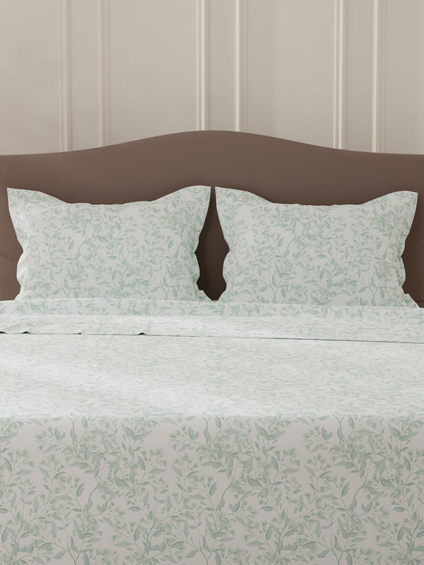 Lumina Floret 100% Cotton 144 TC Green & White Floral Double Bedsheet with 2 Pillow Covers