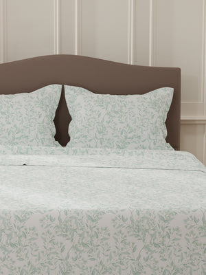 Lumina Floret 100% Cotton 144 TC Green & White Floral Double Bedsheet with 2 Pillow Covers