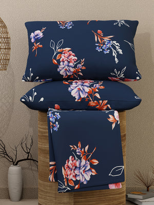 Lumina Floret 100% Cotton 144 TC Navy Blue Floral Double Bedsheet with 2 Pillow Covers