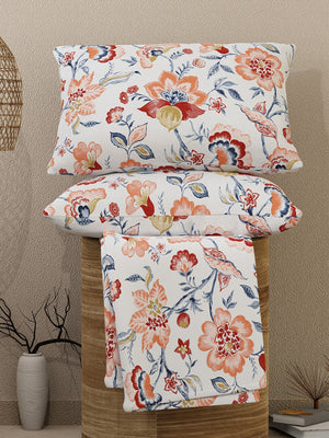 Lumina Floret 100% Cotton 144 TC White & Orange Floral Bedsheet with 2 Pillow Covers