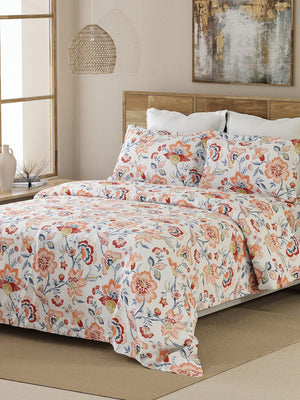 Lumina Floret 100% Cotton 144 TC White & Orange Floral Bedsheet with 2 Pillow Covers