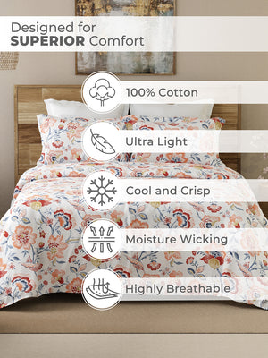 Lumina Floret 100% Cotton 144 TC White & Orange Floral Bedsheet with 2 Pillow Covers