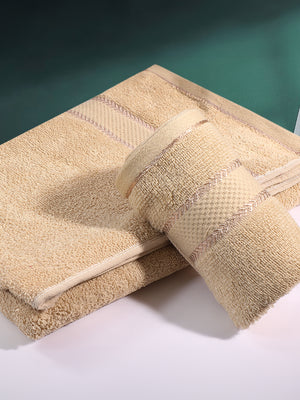 100% Cotton Towel Combo, 380 GSM Beige, Jashn Collection (1 Bath Towel & 2 Hand Towels)