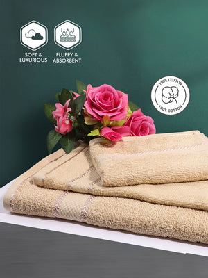 100% Cotton Towel Combo, 380 GSM Beige, Jashn Collection (1 Bath Towel & 2 Hand Towels)