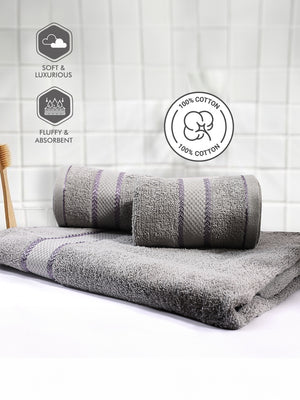 100% Cotton Towel Combo, 380 GSM Grey, Jashn Collection (1 Bath Towel & 2 Hand Towels)