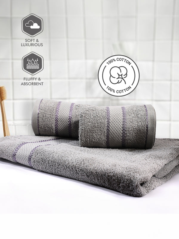 100% Cotton Towel Combo, 380 GSM Grey, Jashn Collection (1 Bath Towel & 2 Hand Towels)