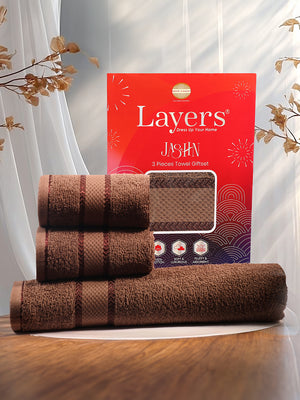 100% Cotton Towel Combo, 380 GSM Brown, Jashn Collection (1 Bath Towel & 2 Hand Towels)