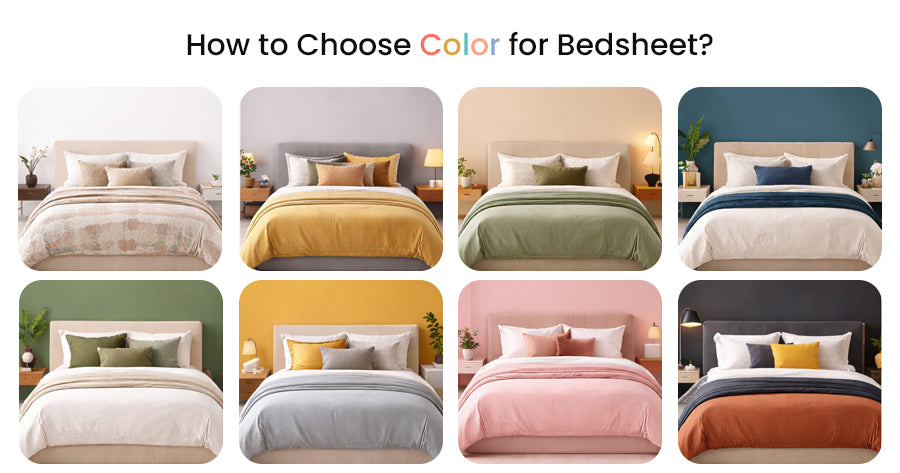 Bedsheet colour ideas for Indian bedroom with neutral, navy and earthy tones