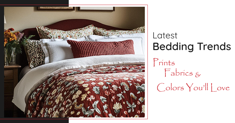 Latest bedding trends 2025 featuring floral print quilt, layered pillows, and cozy bedroom décor.”