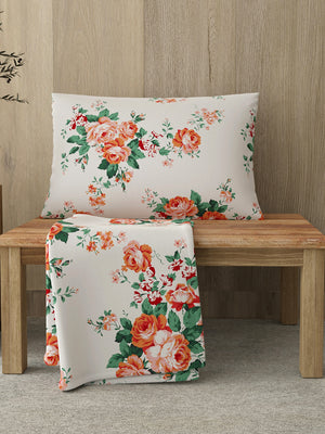 Zen 225 CVC Red White Floral 1 Single Size Bedsheet with 1 Pillow Cover
