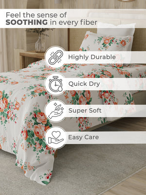 Zen 225 CVC Red White Floral 1 Single Size Bedsheet with 1 Pillow Cover