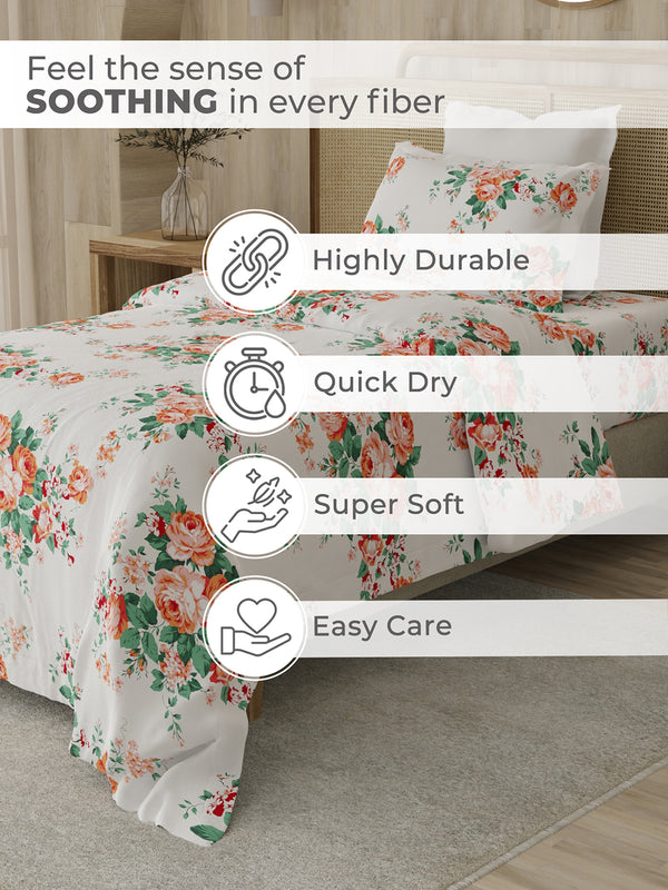 Zen 225 CVC Red White Floral 1 Single Size Bedsheet with 1 Pillow Cover