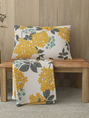 Zen 225 CVC Yellow Blossom Floral Single Size Bedsheet with 1 Pillow Cover