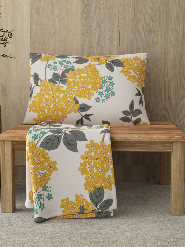 Zen 225 CVC Yellow Blossom Floral Single Size Bedsheet with 1 Pillow Cover