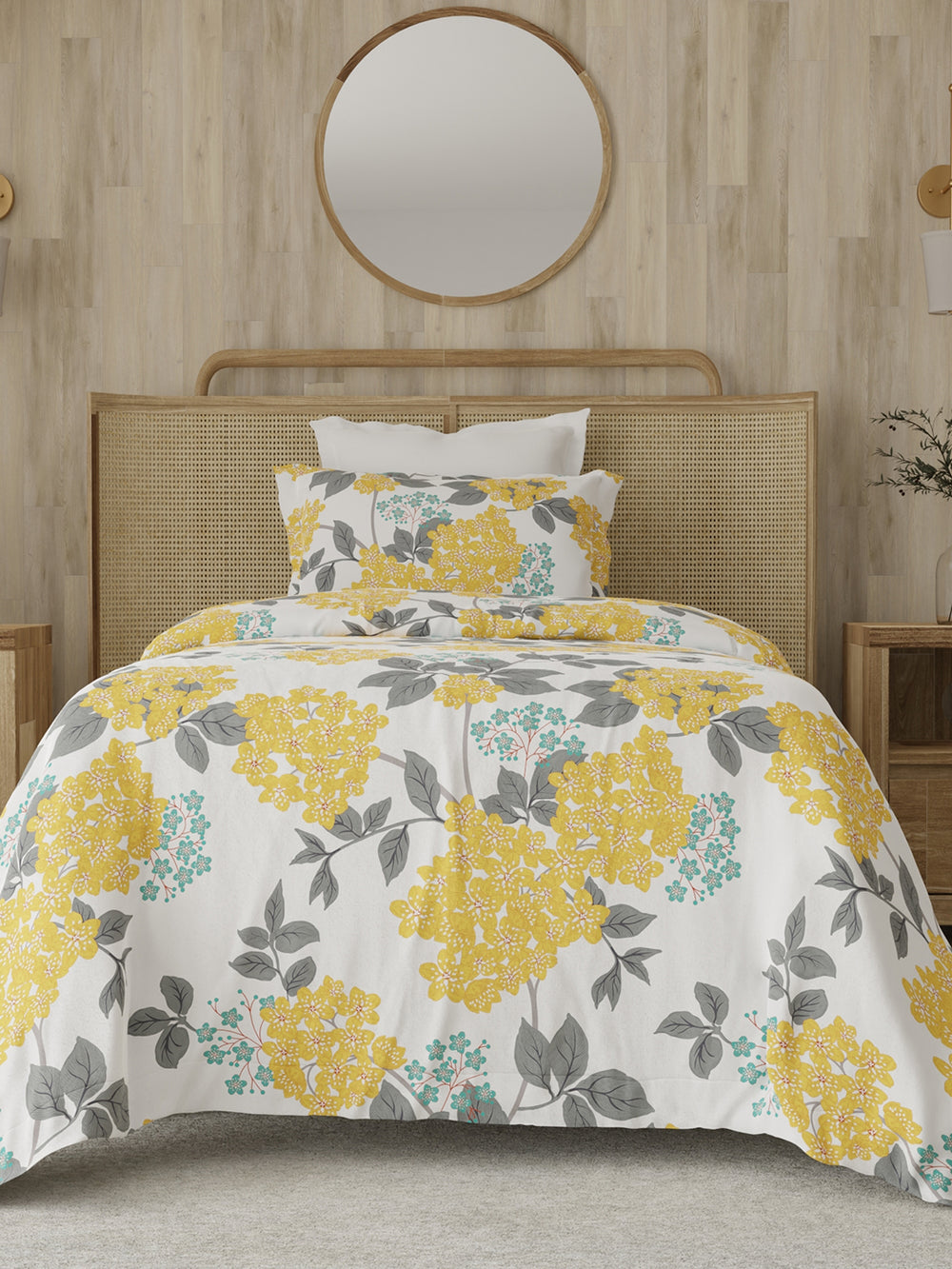 Zen 225 CVC Yellow Blossom Floral Single Size Bedsheet with 1 Pillow Cover
