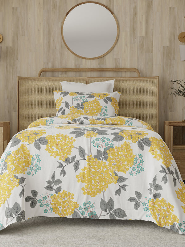 Zen 225 CVC Yellow Blossom Floral Single Size Bedsheet with 1 Pillow Cover