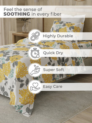 Zen 225 CVC Yellow Blossom Floral Single Size Bedsheet with 1 Pillow Cover