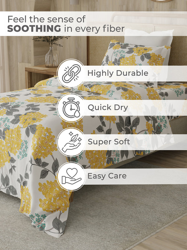 Zen 225 CVC Yellow Blossom Floral Single Size Bedsheet with 1 Pillow Cover